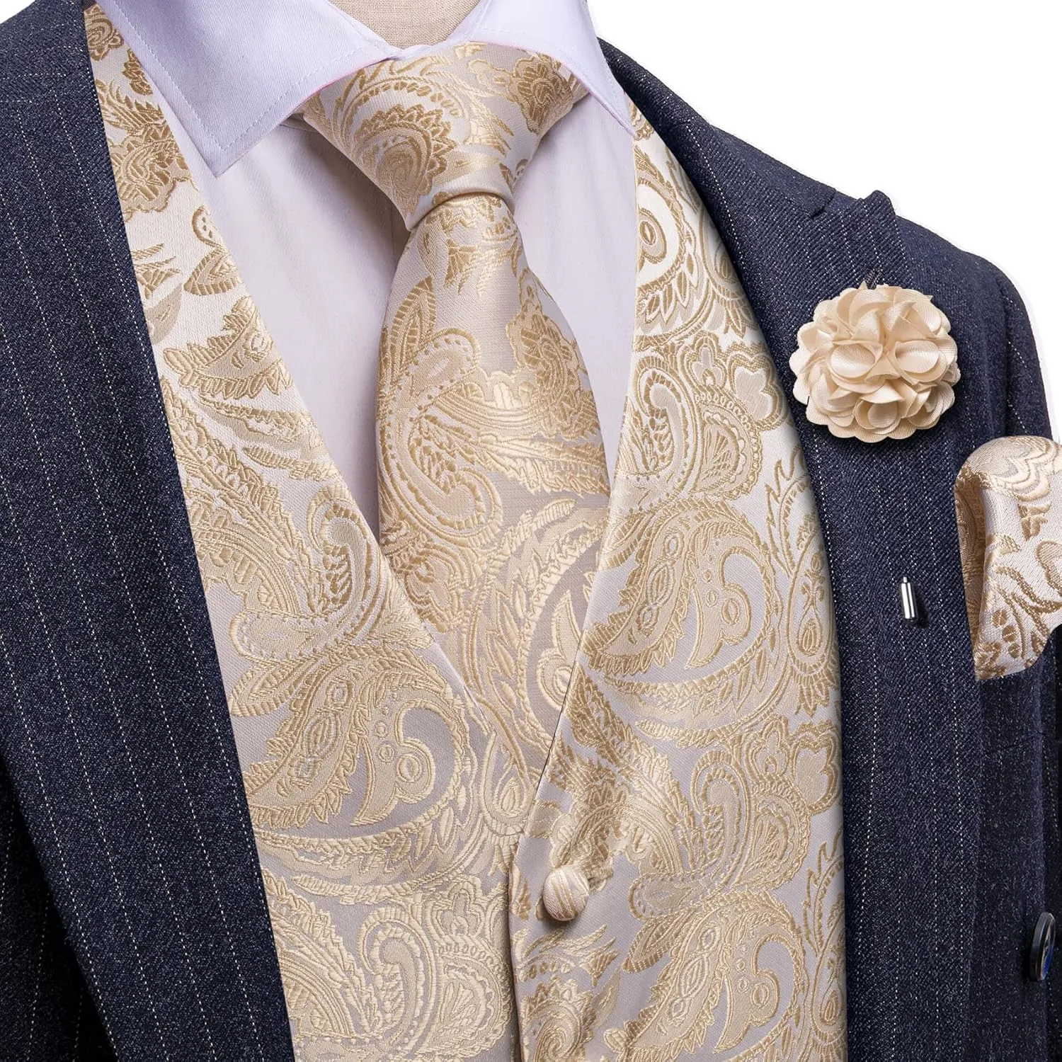 YOHOWA Mens Suit Vest Silk Tie Bowtie Set Paisley Jacquard Formal Waistcoat Clip Hanky Cufflinks Lapel Pin Wedding Party 8PCS