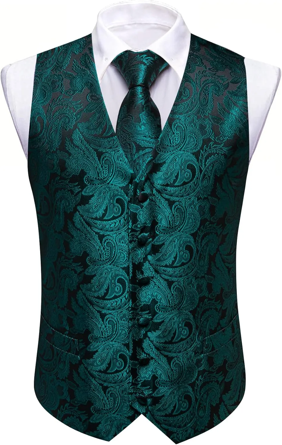 YOHOWA Mens Suit Vest Silk Tie Bowtie Set Paisley Jacquard Formal Waistcoat Clip Hanky Cufflinks Lapel Pin Wedding Party 8PCS