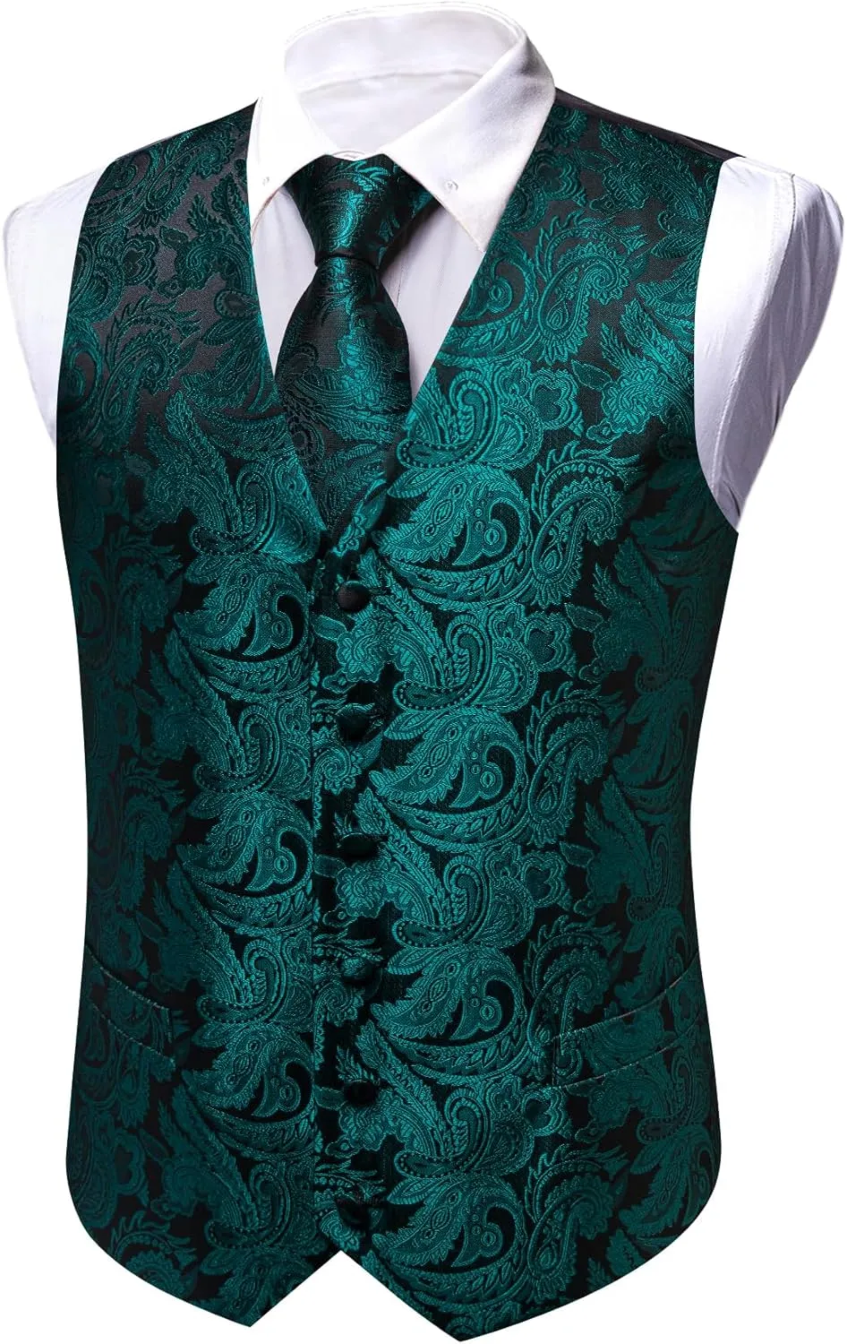 YOHOWA Mens Suit Vest Silk Tie Bowtie Set Paisley Jacquard Formal Waistcoat Clip Hanky Cufflinks Lapel Pin Wedding Party 8PCS