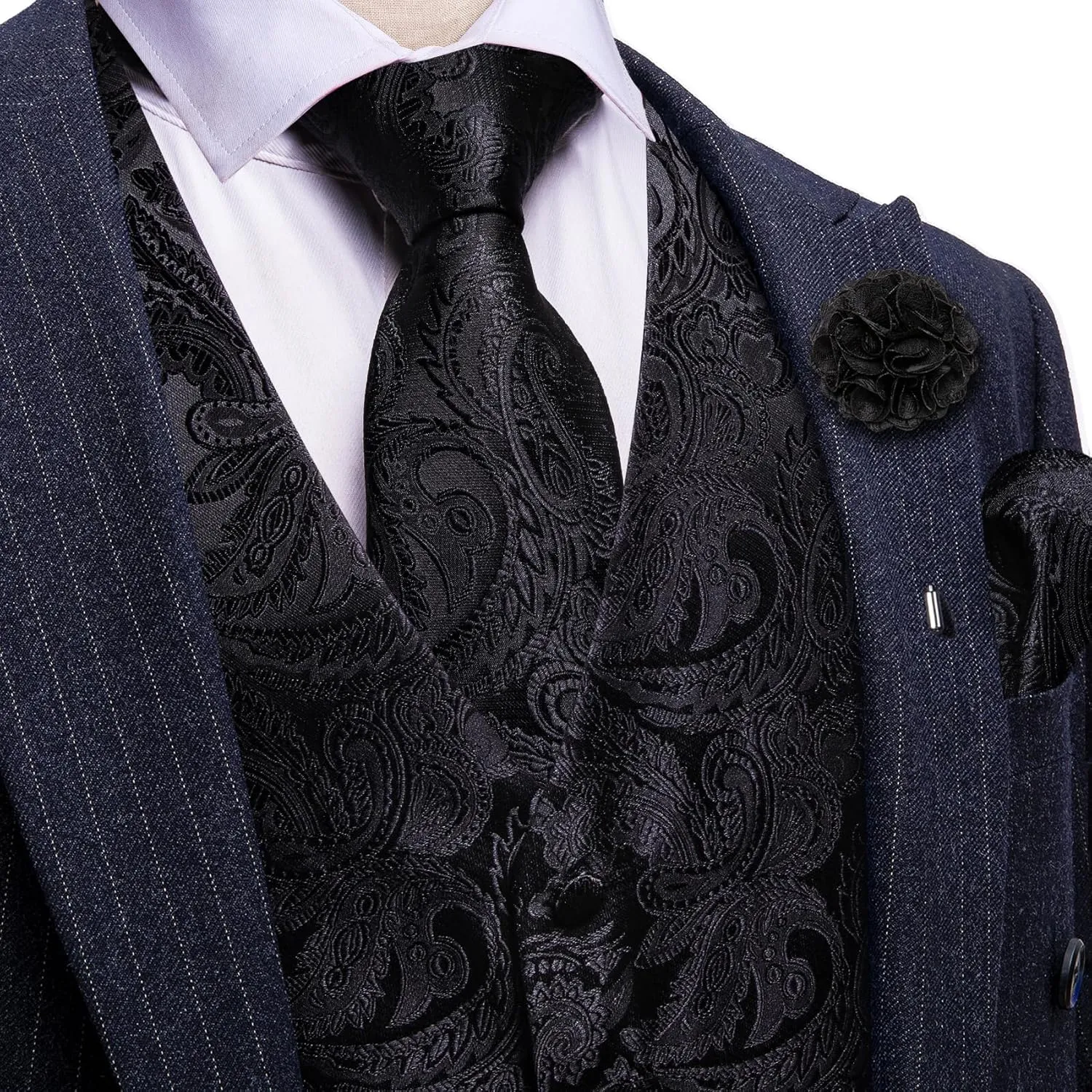 YOHOWA Mens Suit Vest Silk Tie Bowtie Set Paisley Jacquard Formal Waistcoat Clip Hanky Cufflinks Lapel Pin Wedding Party 8PCS