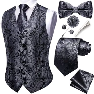 YOHOWA Mens Suit Vest Silk Tie Bowtie Set Paisley Jacquard Formal Waistcoat Clip Hanky Cufflinks Lapel Pin Wedding Party 8PCS