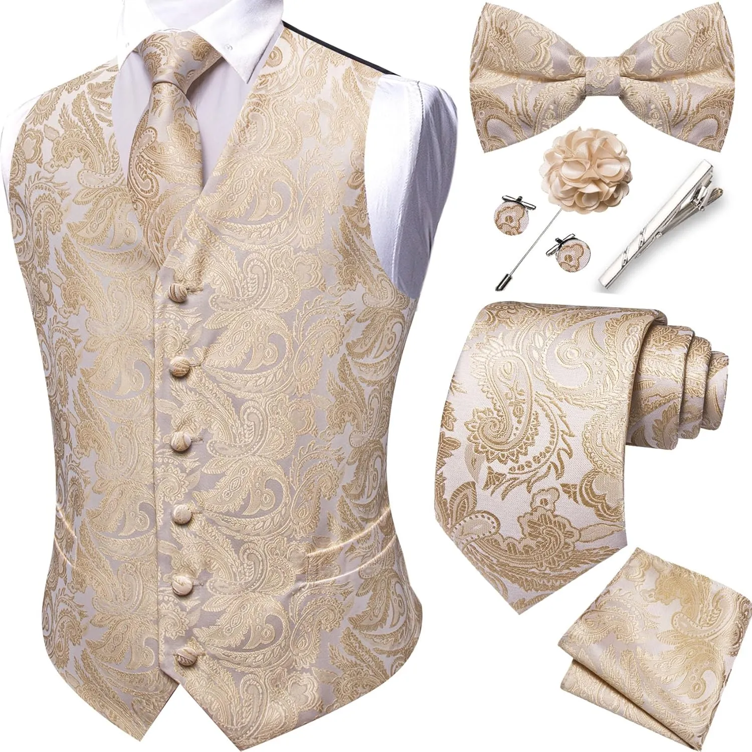 YOHOWA Mens Suit Vest Silk Tie Bowtie Set Paisley Jacquard Formal Waistcoat Clip Hanky Cufflinks Lapel Pin Wedding Party 8PCS