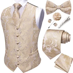 YOHOWA Mens Suit Vest Silk Tie Bowtie Set Paisley Jacquard Formal Waistcoat Clip Hanky Cufflinks Lapel Pin Wedding Party 8PCS