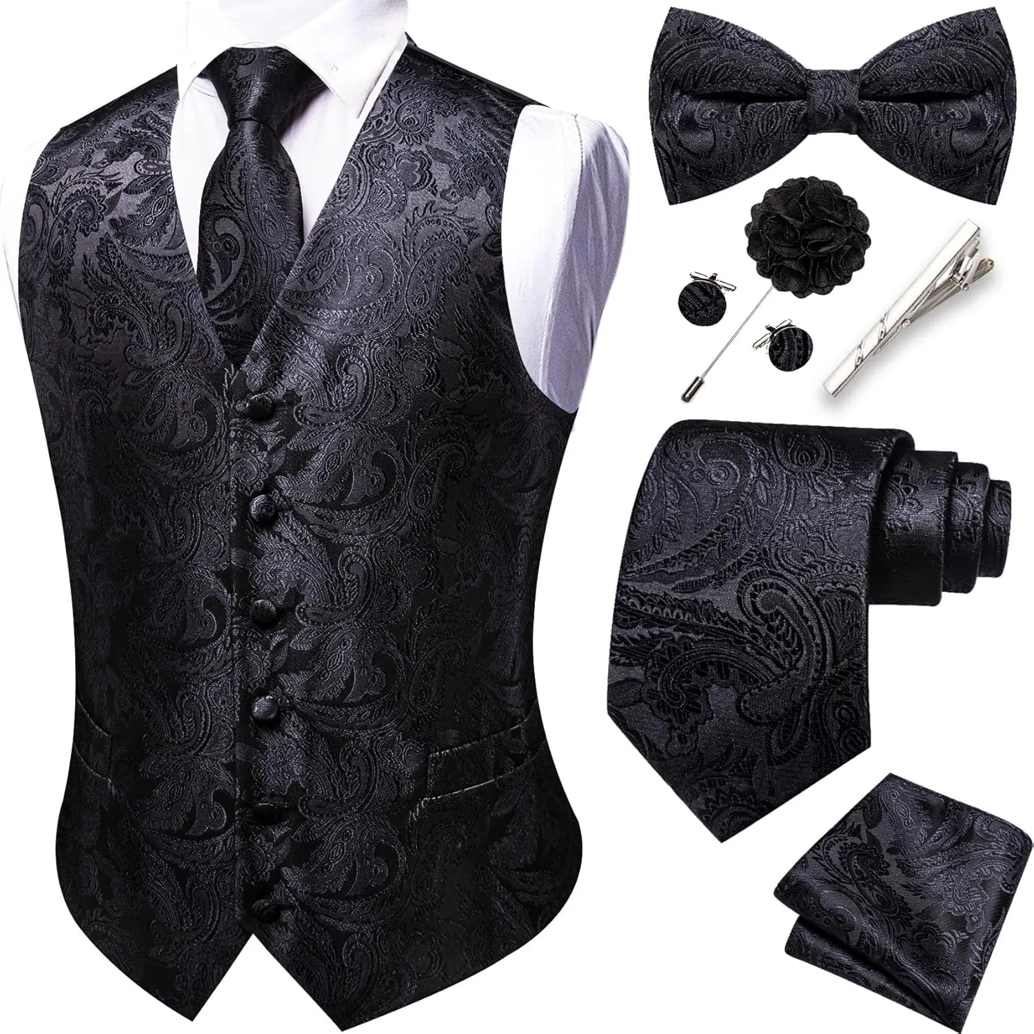 YOHOWA Mens Suit Vest Silk Tie Bowtie Set Paisley Jacquard Formal Waistcoat Clip Hanky Cufflinks Lapel Pin Wedding Party 8PCS