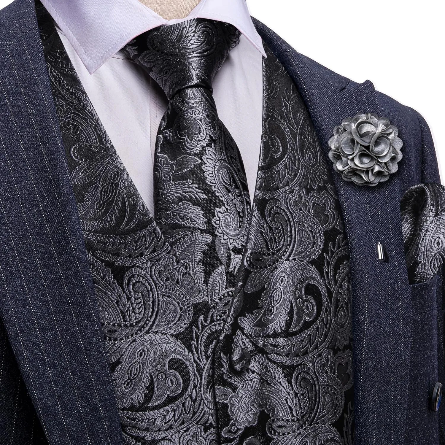 YOHOWA Mens Suit Vest Silk Tie Bowtie Set Paisley Jacquard Formal Waistcoat Clip Hanky Cufflinks Lapel Pin Wedding Party 8PCS