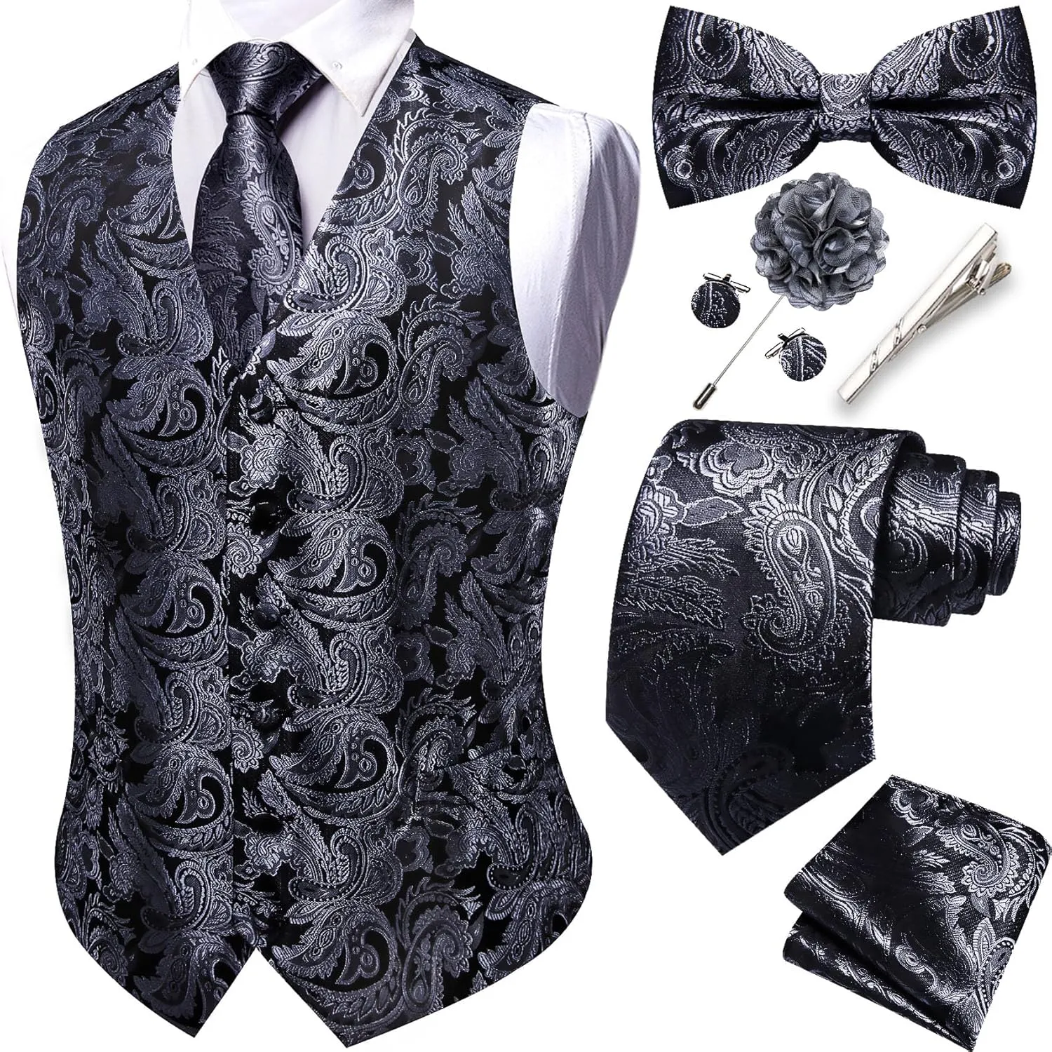 YOHOWA Mens Suit Vest Silk Tie Bowtie Set Paisley Jacquard Formal Waistcoat Clip Hanky Cufflinks Lapel Pin Wedding Party 8PCS
