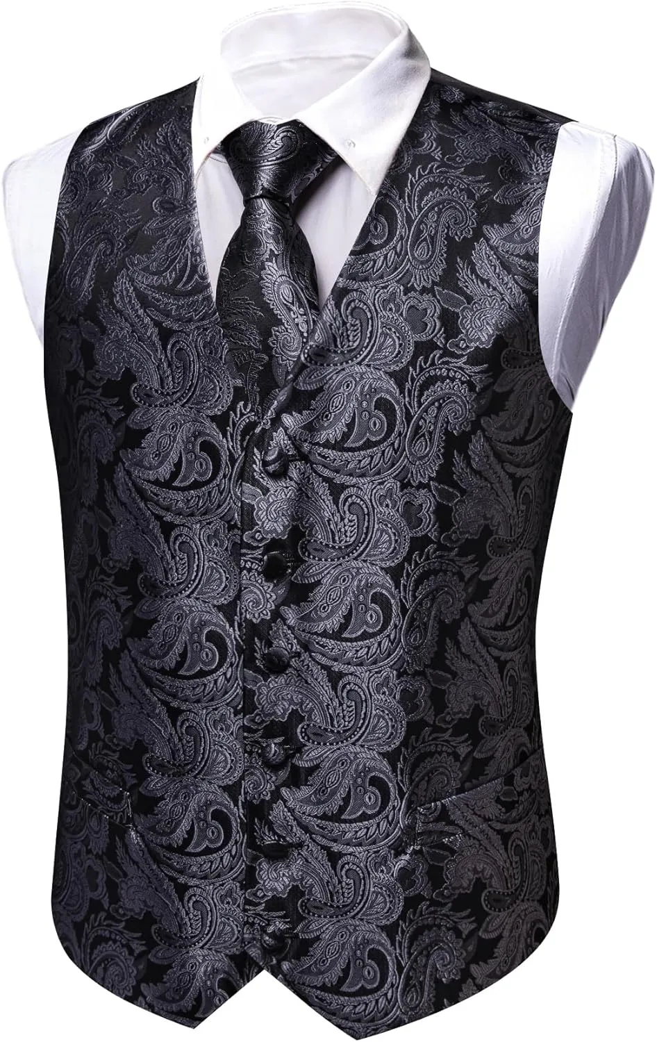 YOHOWA Mens Suit Vest Silk Tie Bowtie Set Paisley Jacquard Formal Waistcoat Clip Hanky Cufflinks Lapel Pin Wedding Party 8PCS