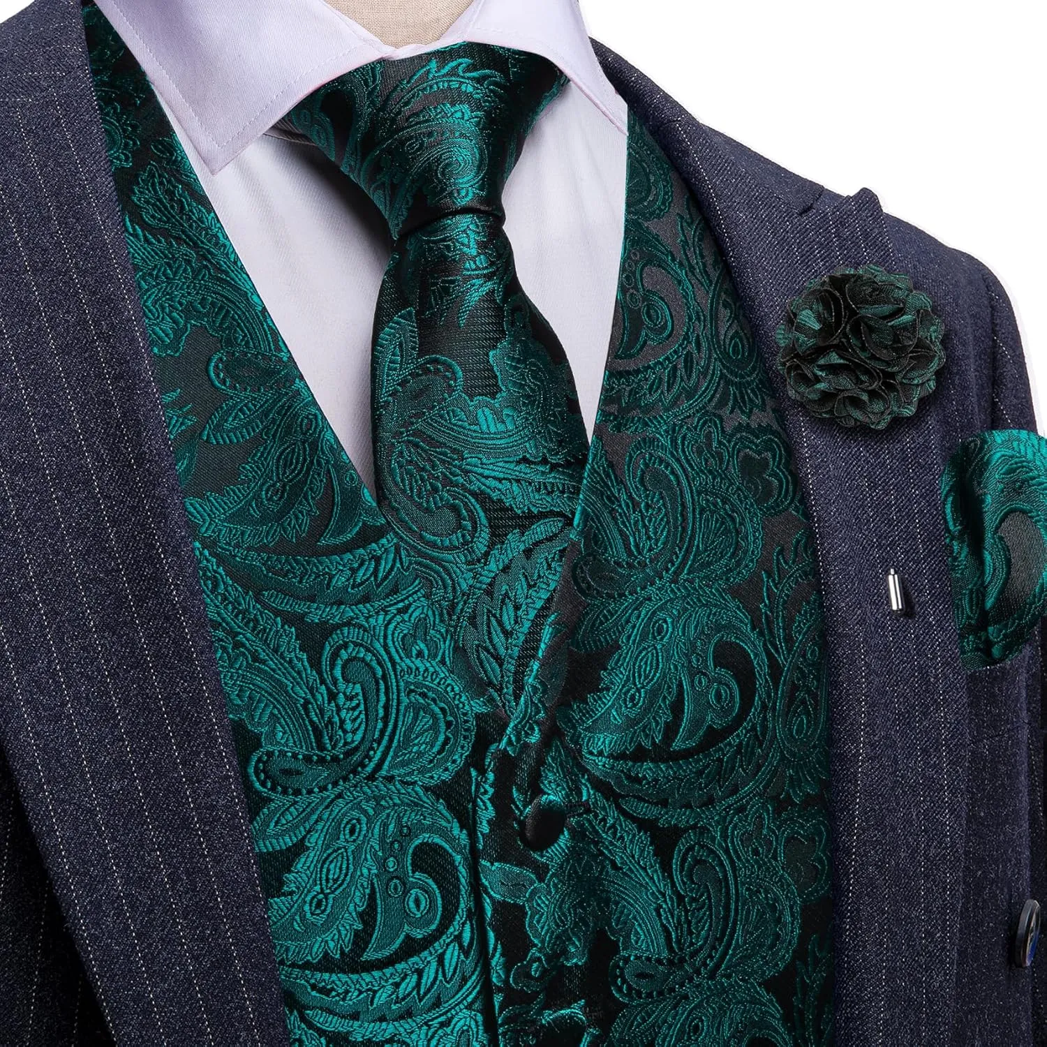 YOHOWA Mens Suit Vest Silk Tie Bowtie Set Paisley Jacquard Formal Waistcoat Clip Hanky Cufflinks Lapel Pin Wedding Party 8PCS