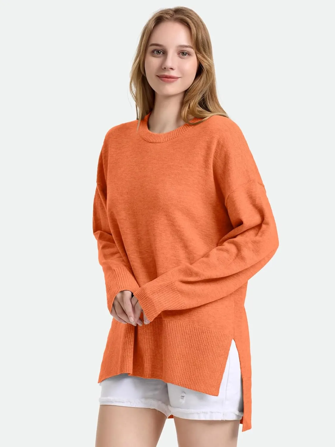 ZANZEA Women's Fall Sweaters 2024 Oversized Loose Long Sleeve Crew Neck Side Slit Dressy Knit Casual Pullover Tops