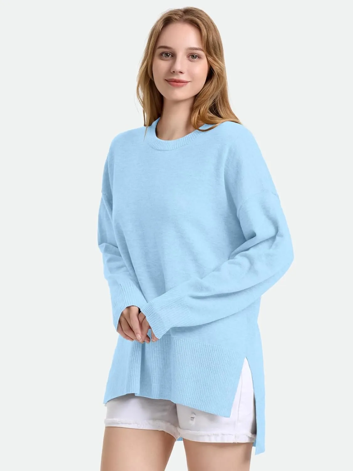 ZANZEA Women's Fall Sweaters 2024 Oversized Loose Long Sleeve Crew Neck Side Slit Dressy Knit Casual Pullover Tops
