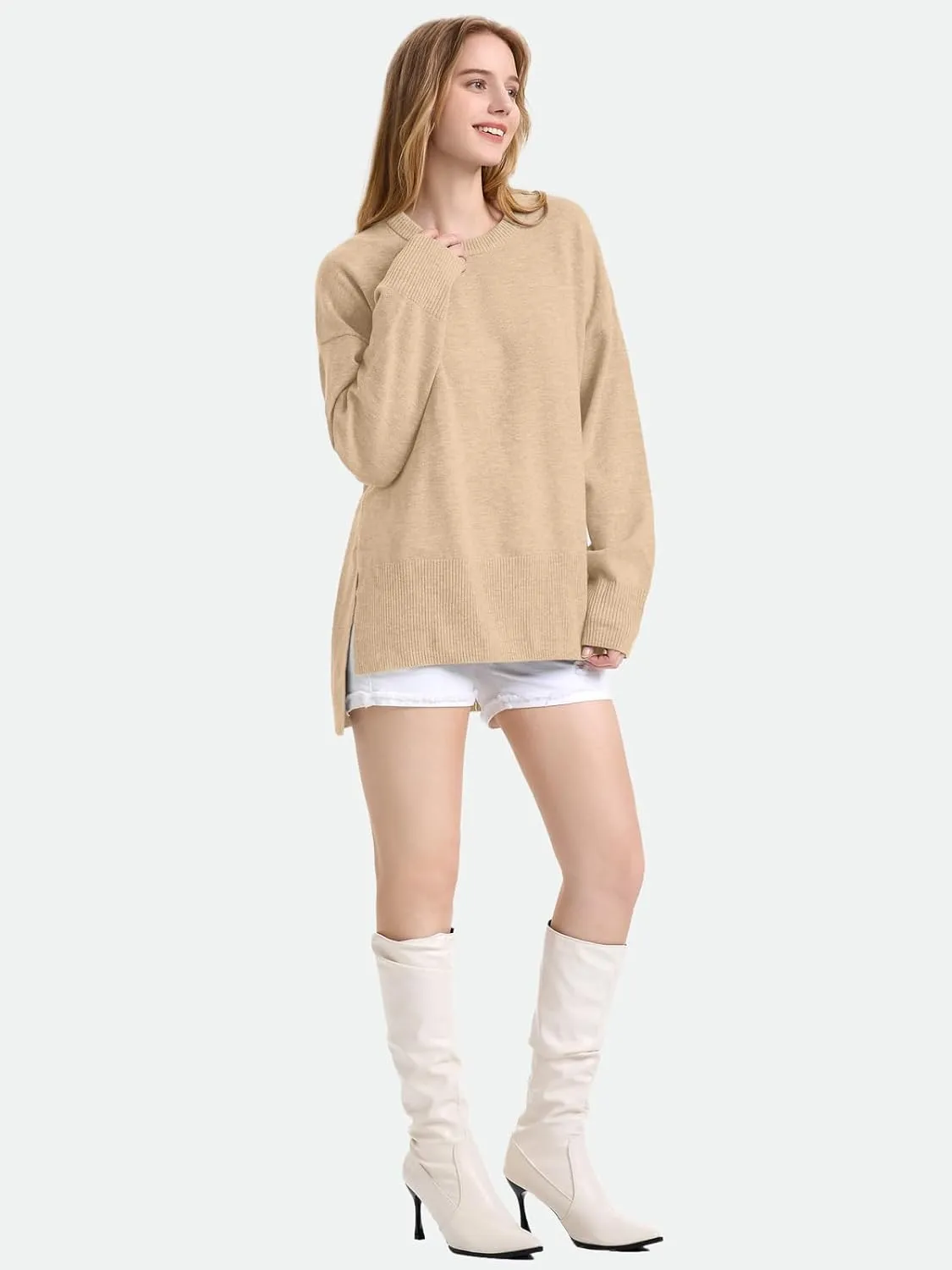 ZANZEA Women's Fall Sweaters 2024 Oversized Loose Long Sleeve Crew Neck Side Slit Dressy Knit Casual Pullover Tops
