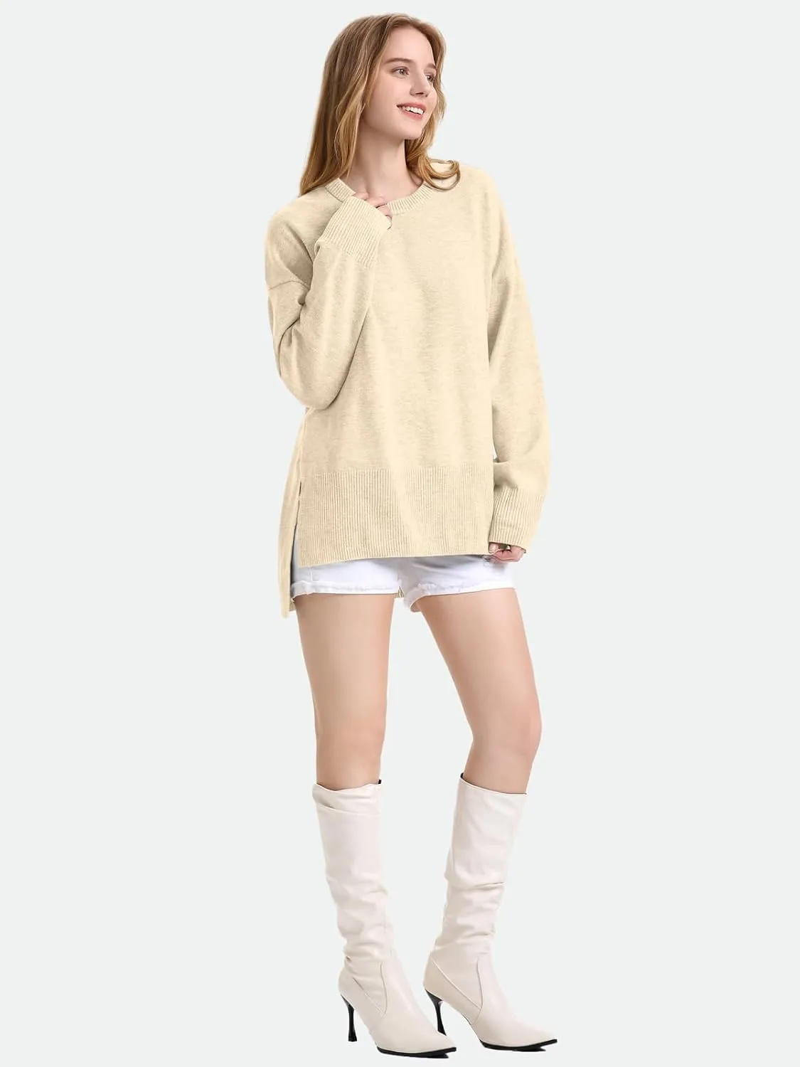 ZANZEA Women's Fall Sweaters 2024 Oversized Loose Long Sleeve Crew Neck Side Slit Dressy Knit Casual Pullover Tops
