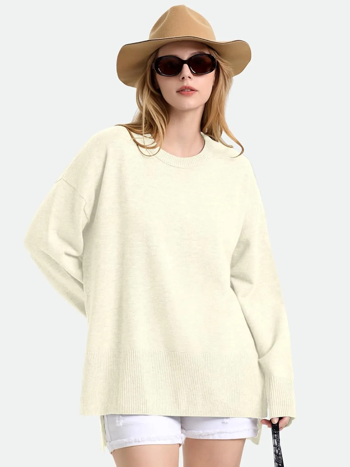 ZANZEA Women's Fall Sweaters 2024 Oversized Loose Long Sleeve Crew Neck Side Slit Dressy Knit Casual Pullover Tops