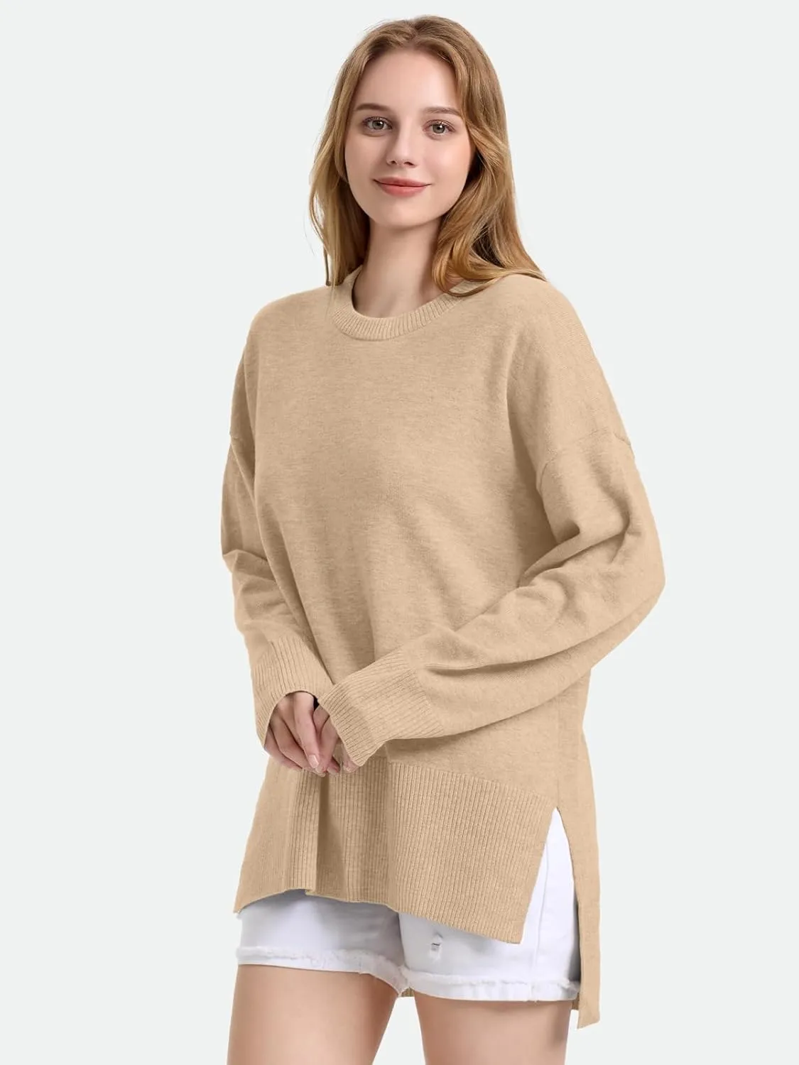 ZANZEA Women's Fall Sweaters 2024 Oversized Loose Long Sleeve Crew Neck Side Slit Dressy Knit Casual Pullover Tops