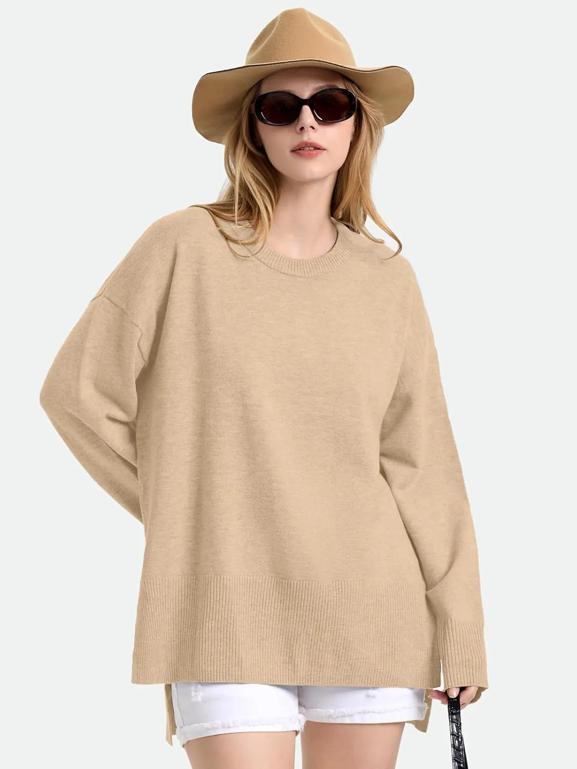 ZANZEA Women's Fall Sweaters 2024 Oversized Loose Long Sleeve Crew Neck Side Slit Dressy Knit Casual Pullover Tops