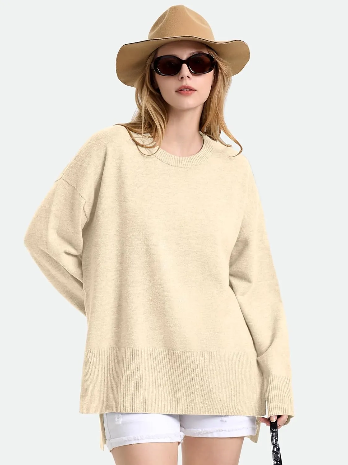 ZANZEA Women's Fall Sweaters 2024 Oversized Loose Long Sleeve Crew Neck Side Slit Dressy Knit Casual Pullover Tops