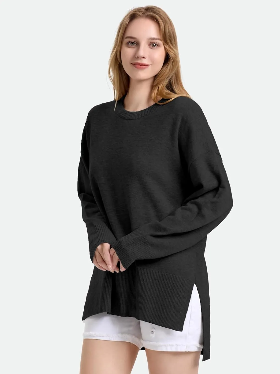 ZANZEA Women's Fall Sweaters 2024 Oversized Loose Long Sleeve Crew Neck Side Slit Dressy Knit Casual Pullover Tops
