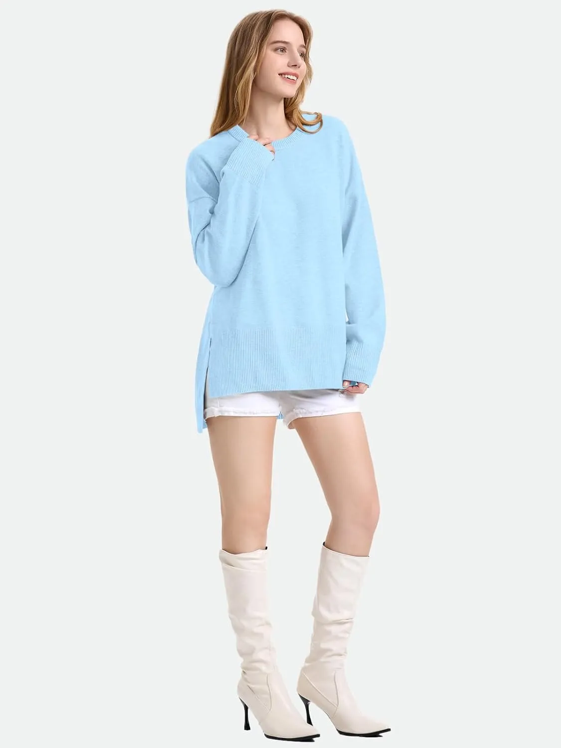ZANZEA Women's Fall Sweaters 2024 Oversized Loose Long Sleeve Crew Neck Side Slit Dressy Knit Casual Pullover Tops