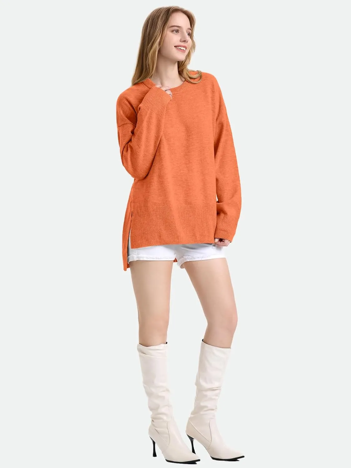 ZANZEA Women's Fall Sweaters 2024 Oversized Loose Long Sleeve Crew Neck Side Slit Dressy Knit Casual Pullover Tops