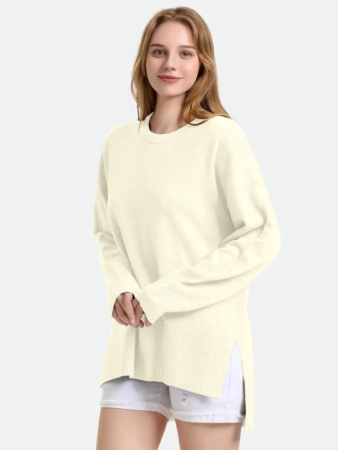ZANZEA Women's Fall Sweaters 2024 Oversized Loose Long Sleeve Crew Neck Side Slit Dressy Knit Casual Pullover Tops