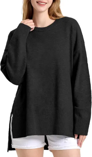 ZANZEA Women's Fall Sweaters 2024 Oversized Loose Long Sleeve Crew Neck Side Slit Dressy Knit Casual Pullover Tops