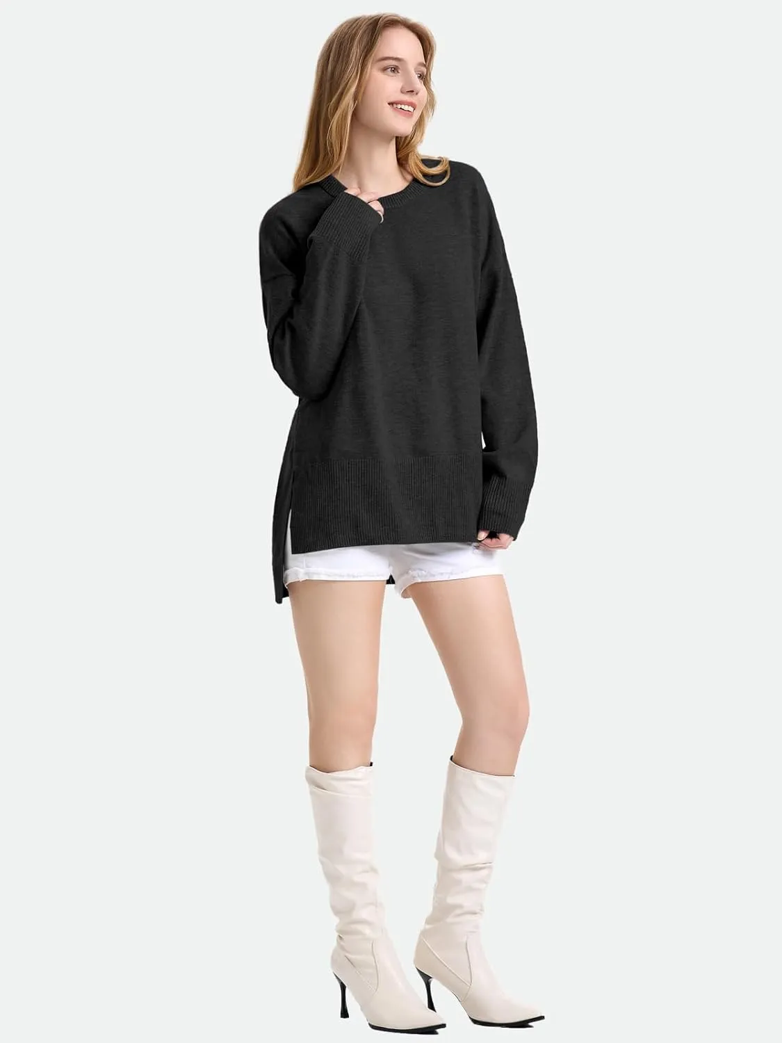 ZANZEA Women's Fall Sweaters 2024 Oversized Loose Long Sleeve Crew Neck Side Slit Dressy Knit Casual Pullover Tops