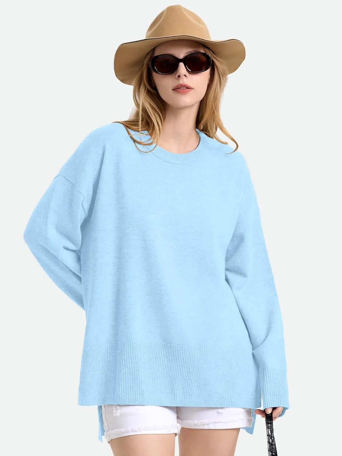 ZANZEA Women's Fall Sweaters 2024 Oversized Loose Long Sleeve Crew Neck Side Slit Dressy Knit Casual Pullover Tops