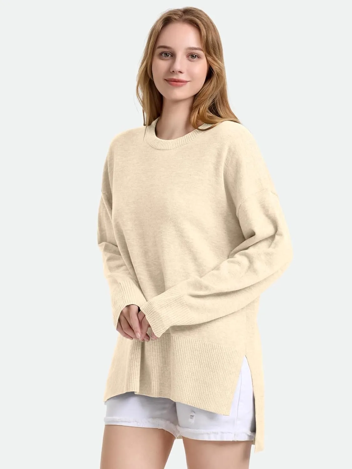 ZANZEA Women's Fall Sweaters 2024 Oversized Loose Long Sleeve Crew Neck Side Slit Dressy Knit Casual Pullover Tops
