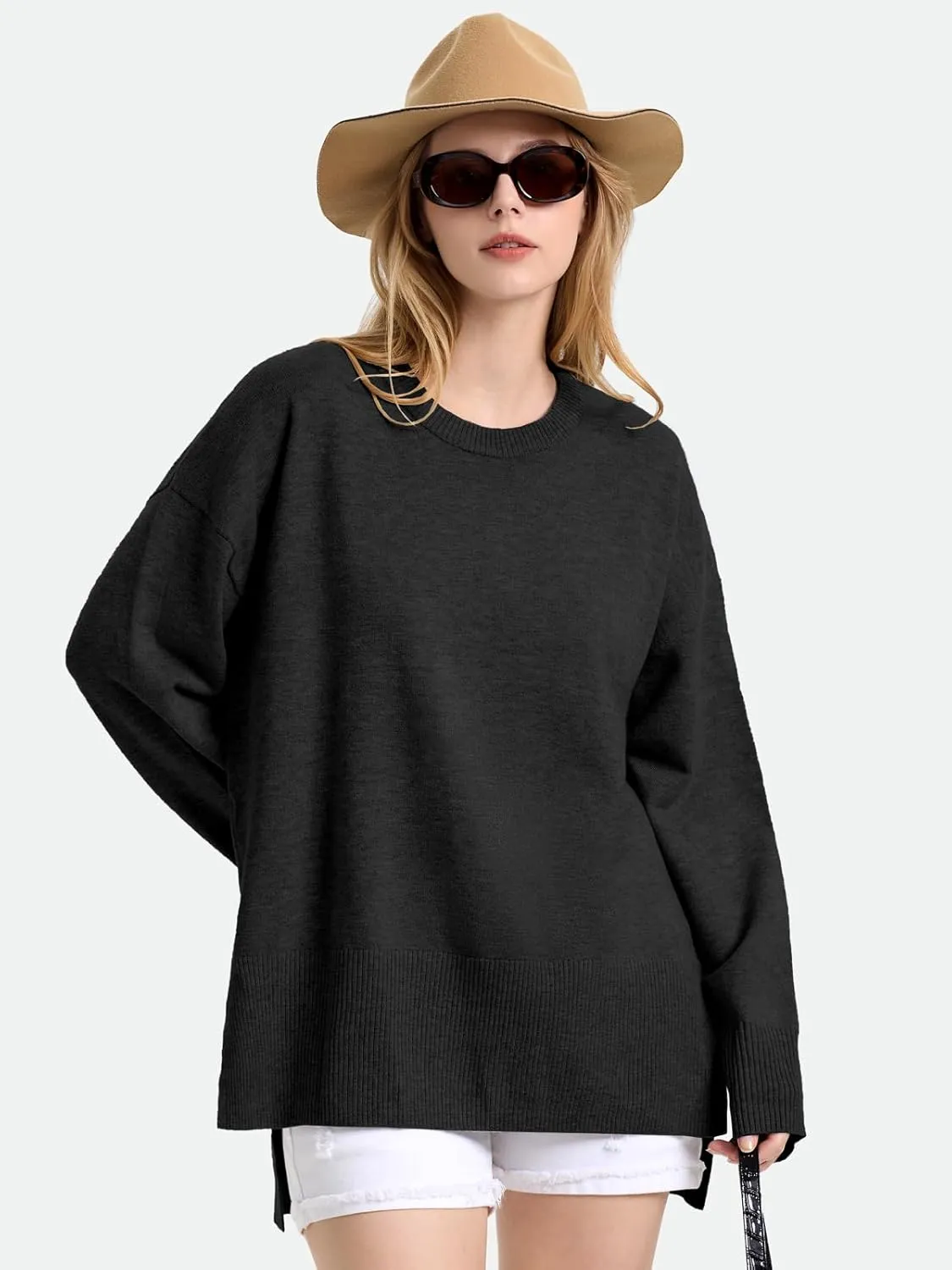 ZANZEA Women's Fall Sweaters 2024 Oversized Loose Long Sleeve Crew Neck Side Slit Dressy Knit Casual Pullover Tops