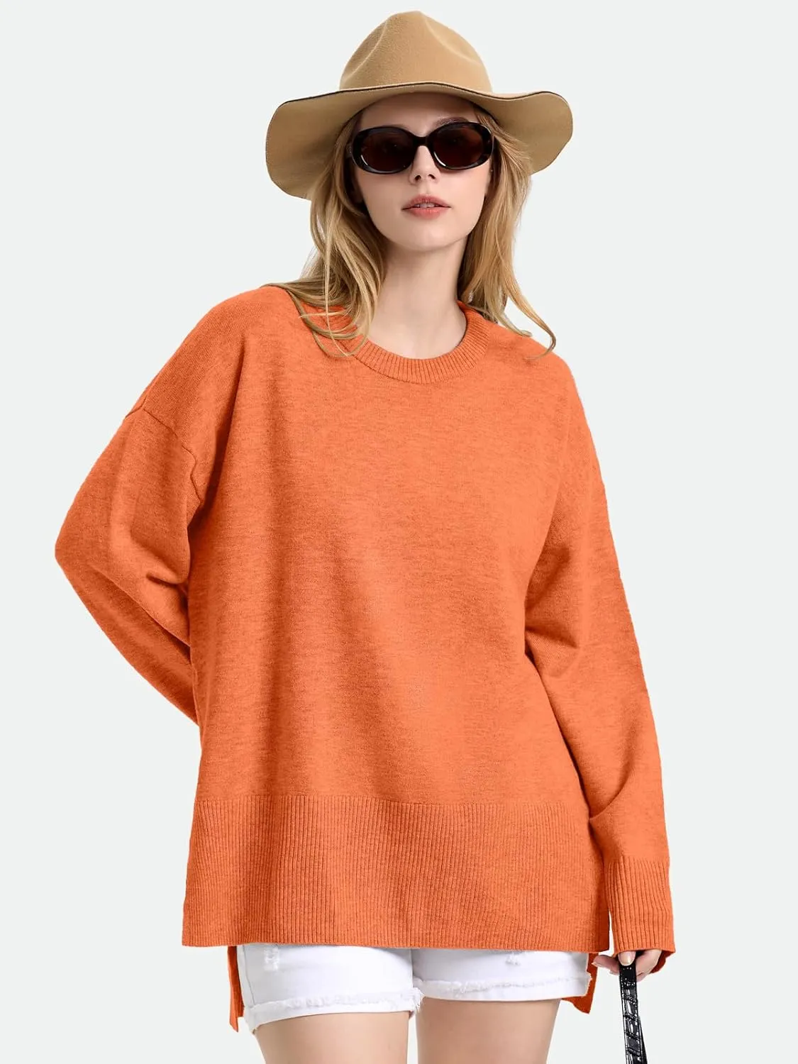 ZANZEA Women's Fall Sweaters 2024 Oversized Loose Long Sleeve Crew Neck Side Slit Dressy Knit Casual Pullover Tops