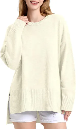 ZANZEA Women's Fall Sweaters 2024 Oversized Loose Long Sleeve Crew Neck Side Slit Dressy Knit Casual Pullover Tops