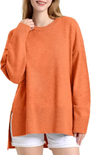 ZANZEA Women's Fall Sweaters 2024 Oversized Loose Long Sleeve Crew Neck Side Slit Dressy Knit Casual Pullover Tops