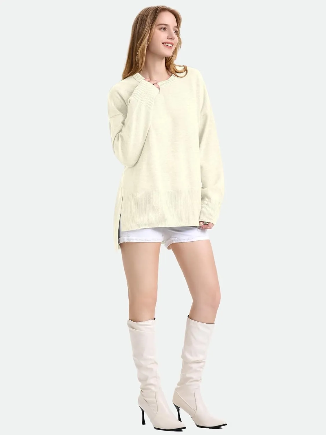 ZANZEA Women's Fall Sweaters 2024 Oversized Loose Long Sleeve Crew Neck Side Slit Dressy Knit Casual Pullover Tops
