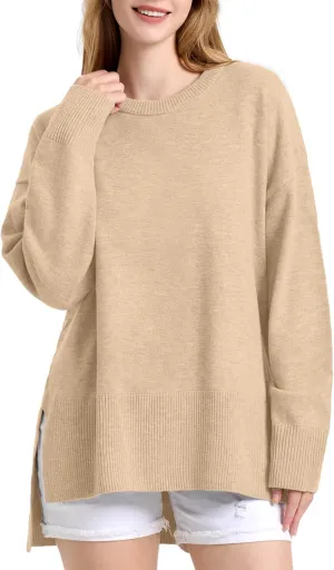ZANZEA Women's Fall Sweaters 2024 Oversized Loose Long Sleeve Crew Neck Side Slit Dressy Knit Casual Pullover Tops