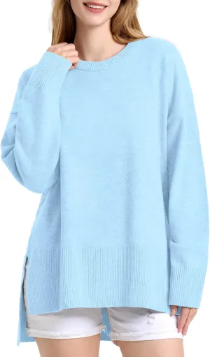 ZANZEA Women's Fall Sweaters 2024 Oversized Loose Long Sleeve Crew Neck Side Slit Dressy Knit Casual Pullover Tops