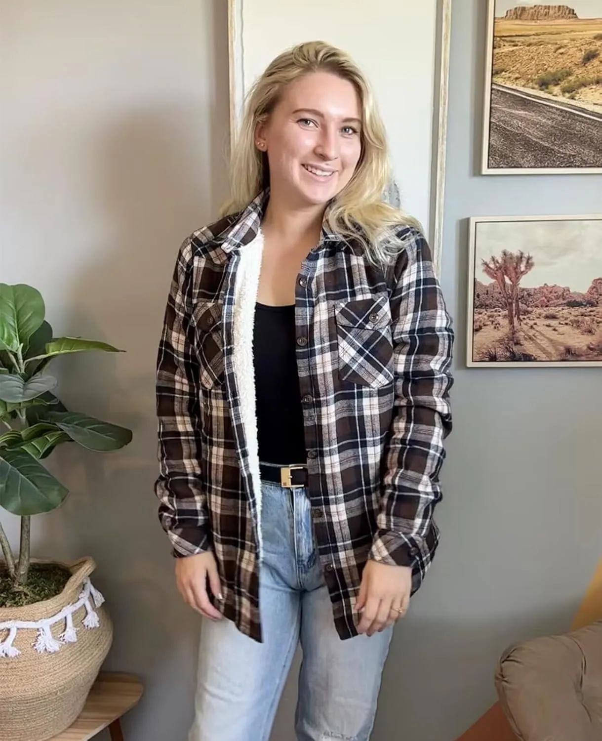ZENTHACE Womens Sherpa Fleece Lined Flannel Jacket Button Down Plaid Flannel Shirt Jacket(All Sherpa Lining)