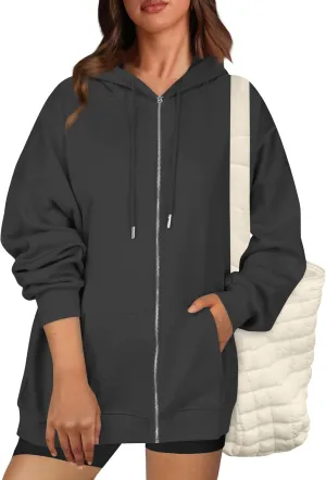 Zip Up Hoodie for Women 2024 Fall Oversized Sweatshirt Cute Long Sleeve Jacket Crewneck Hooded Outerwear with Pocket
