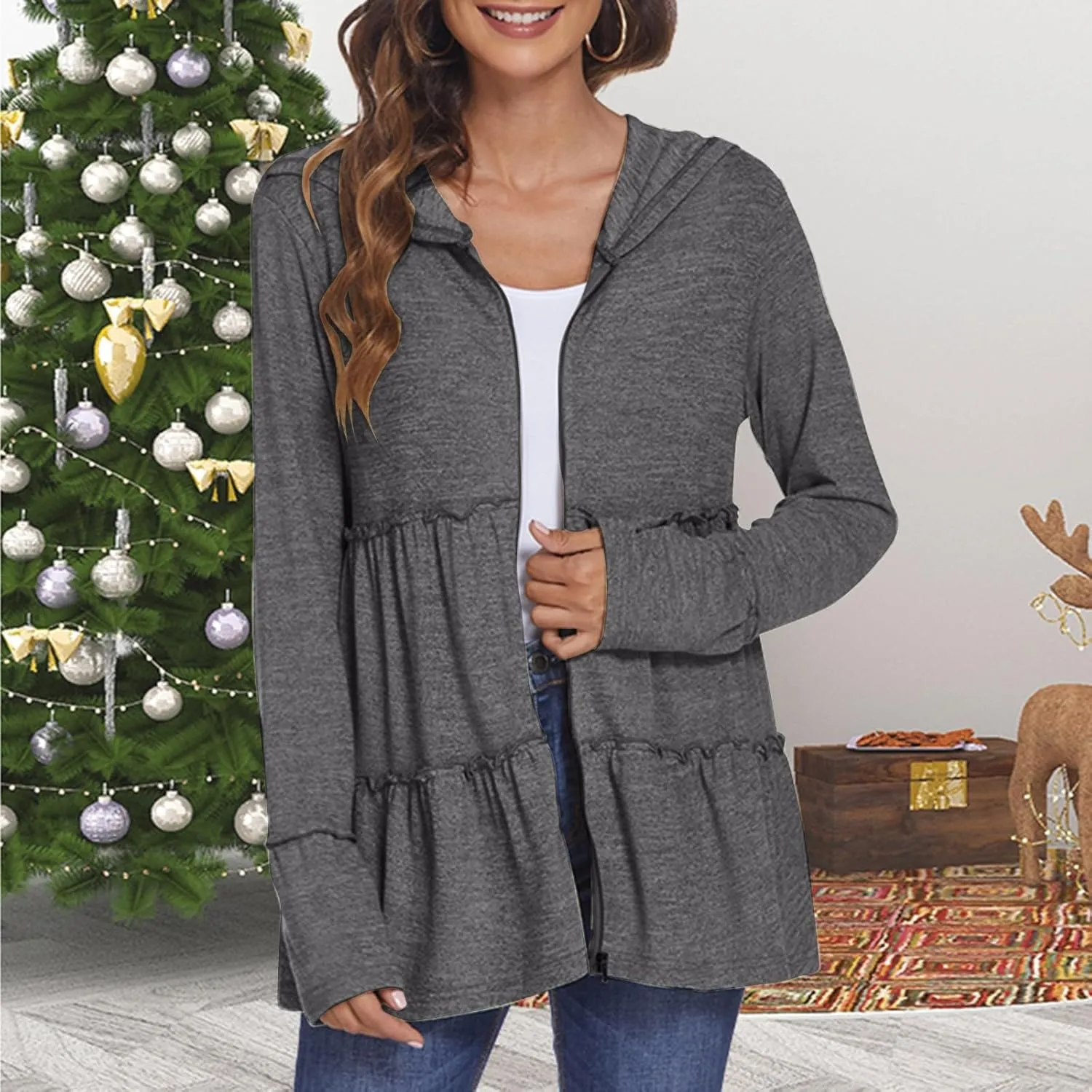 Zip Up Hoodie Women Casual Peplum Lightweight Athletic Sweat Zip Up Jackets Cute Tiered Ruffle Sweatshirt Hoodies