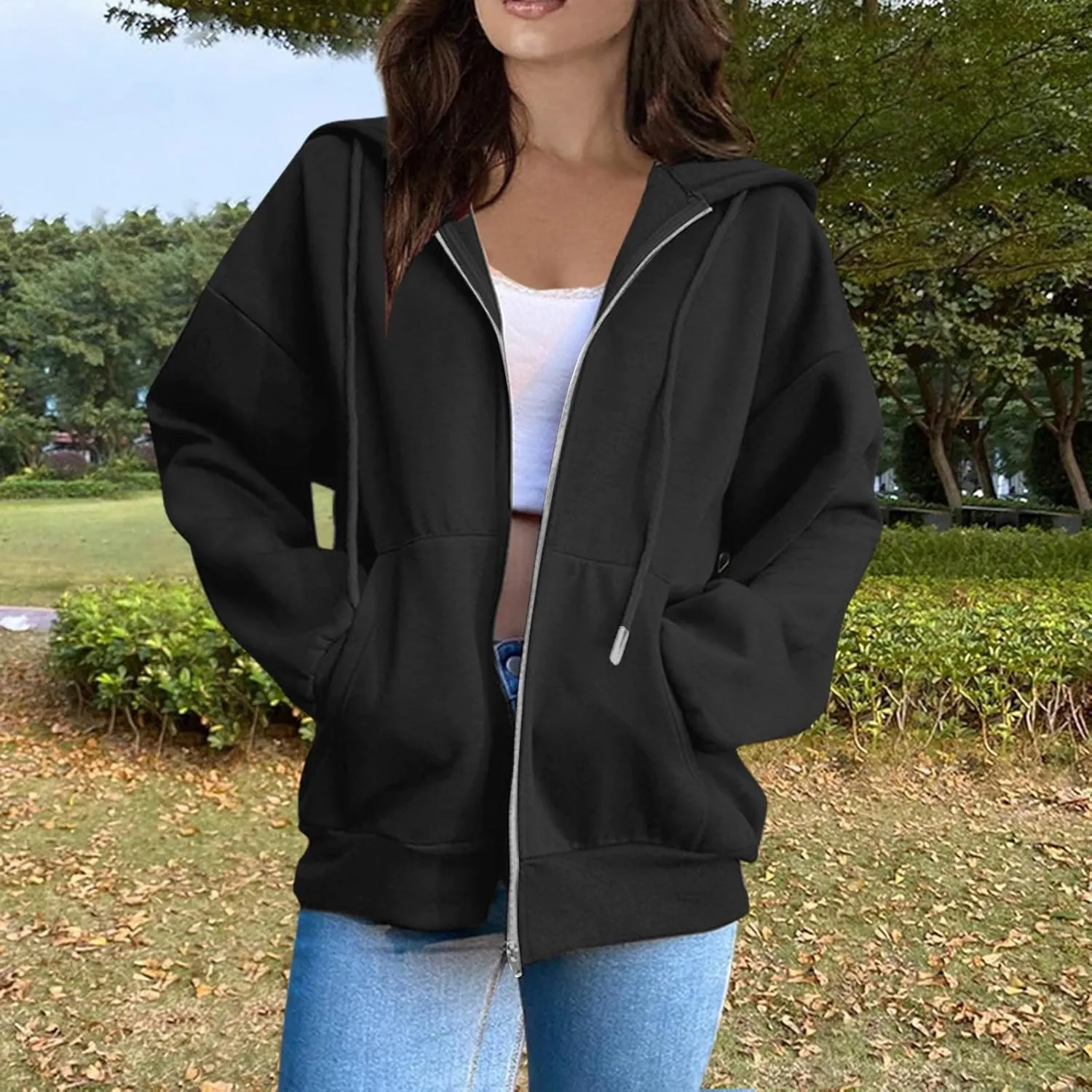 Zip Up Hoodie Women Fleece Oversized Sweatshirt Hoodies Casual Drawstring Athletic Gym Sweat Jackets with Pockets