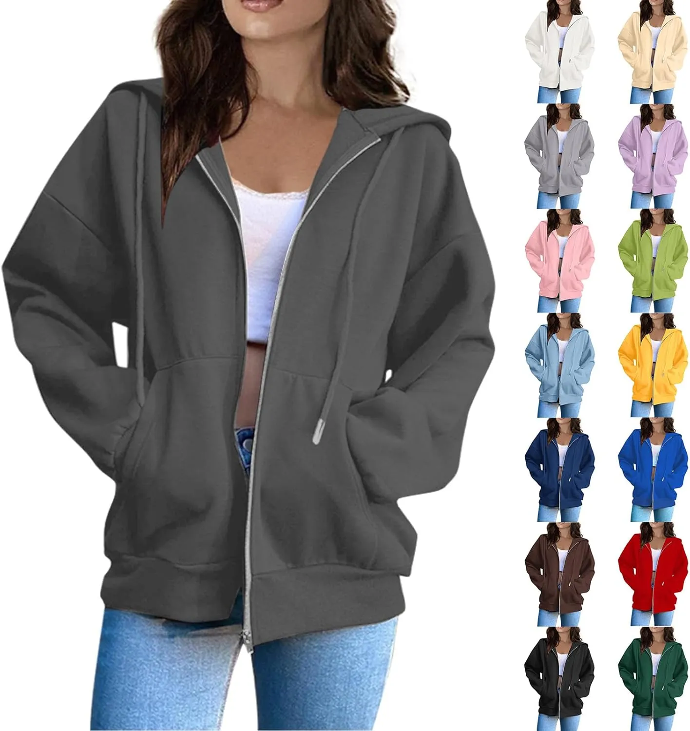 Zip Up Hoodie Women Fleece Oversized Sweatshirt Hoodies Casual Drawstring Athletic Gym Sweat Jackets with Pockets