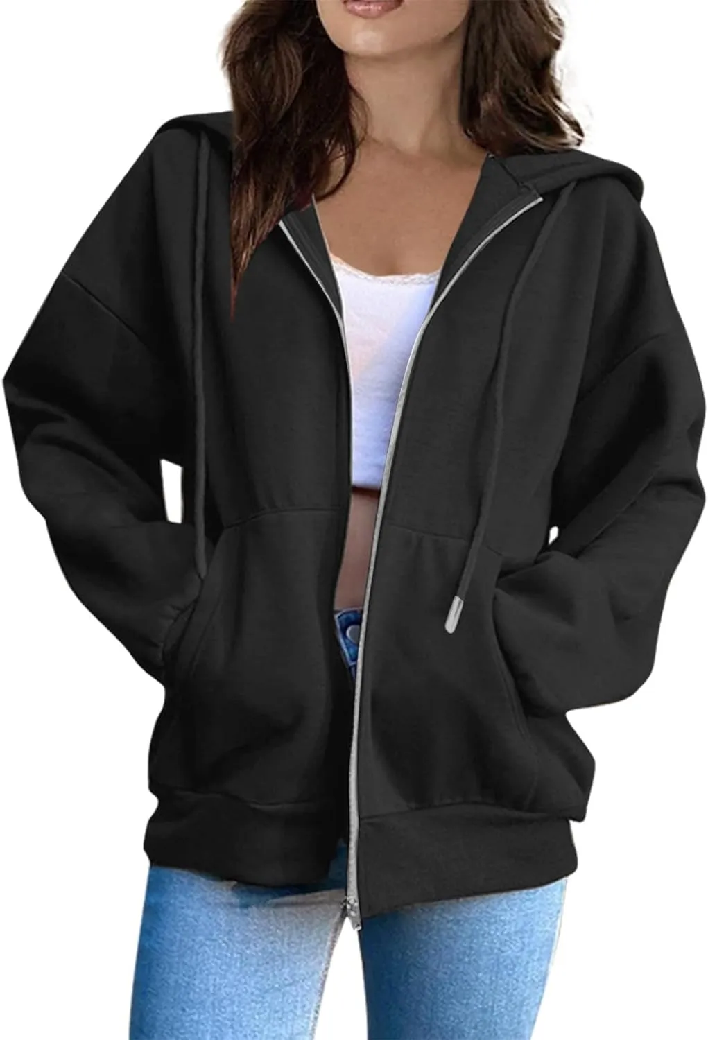 Zip Up Hoodie Women Fleece Oversized Sweatshirt Hoodies Casual Drawstring Athletic Gym Sweat Jackets with Pockets