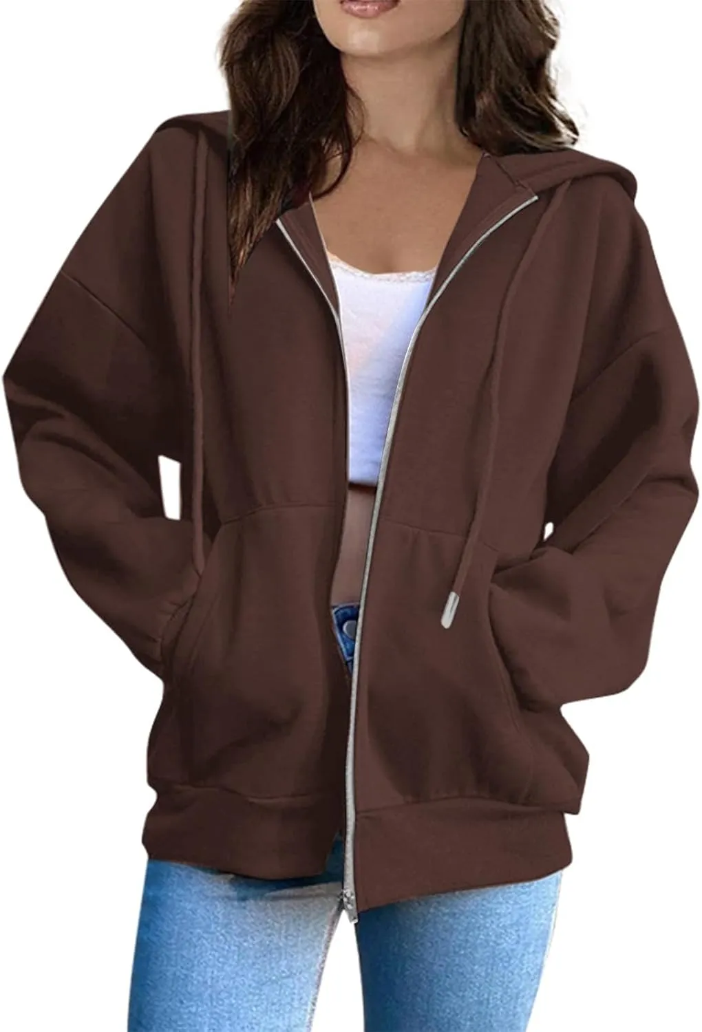 Zip Up Hoodie Women Fleece Oversized Sweatshirt Hoodies Casual Drawstring Athletic Gym Sweat Jackets with Pockets