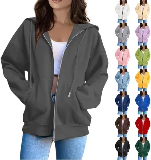 Zip Up Hoodie Women Fleece Oversized Sweatshirt Hoodies Casual Drawstring Athletic Gym Sweat Jackets with Pockets