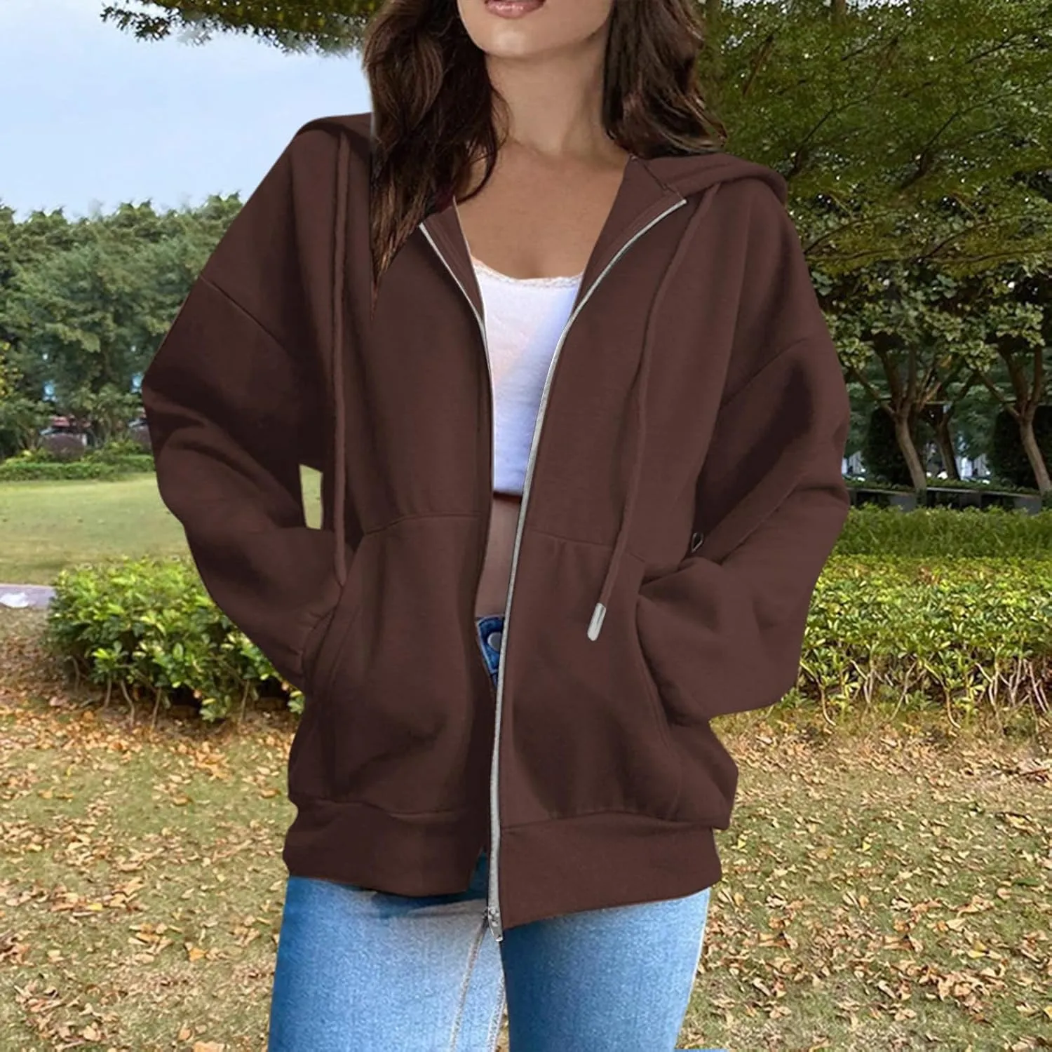 Zip Up Hoodie Women Fleece Oversized Sweatshirt Hoodies Casual Drawstring Athletic Gym Sweat Jackets with Pockets