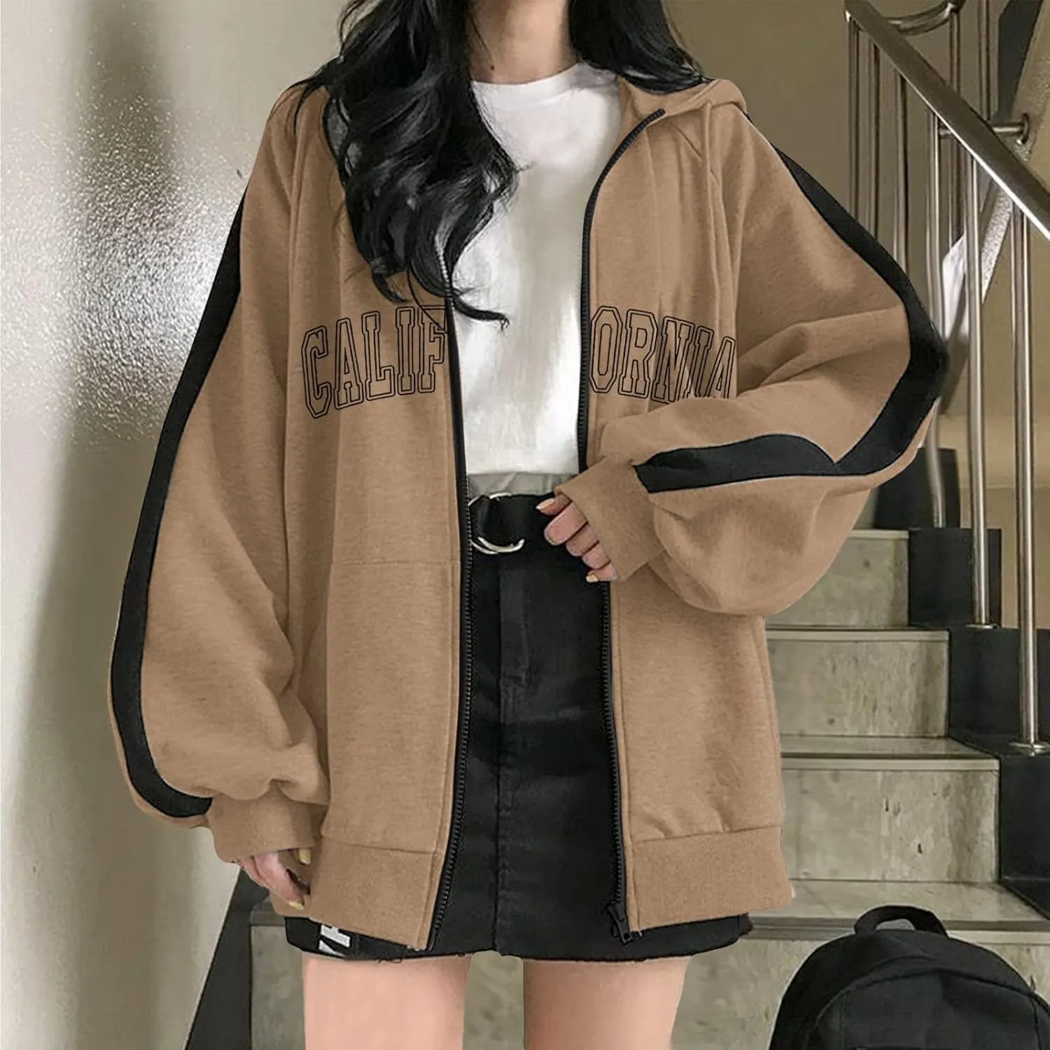Zip Up Oversized Striped Hoodies for Women 2024 Letter Print Ladies with Hood Jackets Trendy Loose Fit California Y2K