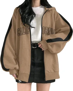 Zip Up Oversized Striped Hoodies for Women 2024 Letter Print Ladies with Hood Jackets Trendy Loose Fit California Y2K