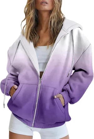 Zip Up Sweatshirt Women Oversized Lightweight Hooded Patterned Sweatshirt Long Sleeve Sweatshirts Casual Fall Clothes