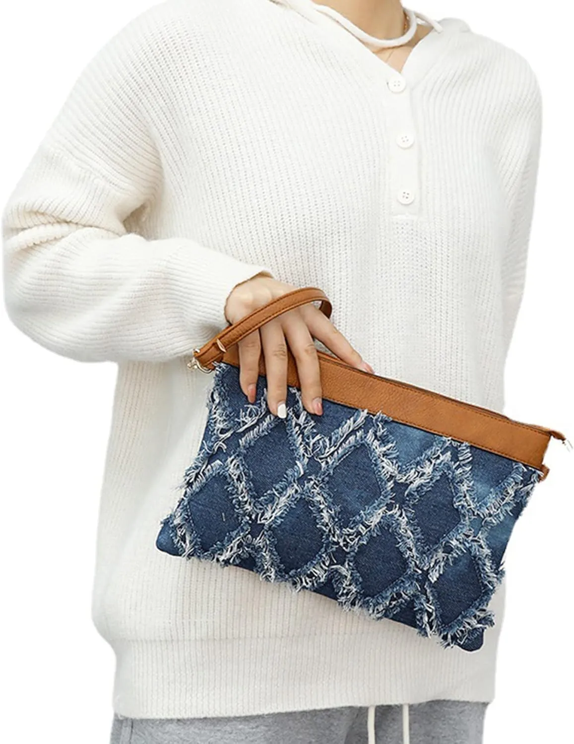 ZLM BAG US Women Distressed Denim Evening Purse Pu Leather Clutch Handbag Rhombus Pattern Wristlet Bag