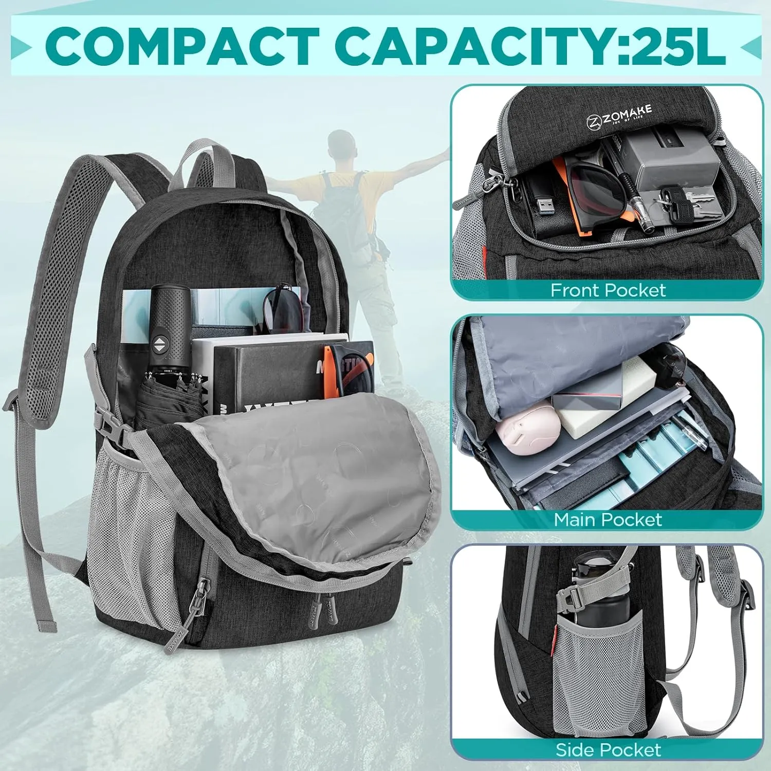 ZOMAKE 25L Packable Backpack for Women Men - Small Lightweight Hiking Daypack for Travel - Tear Resistant Foldable Day Pack