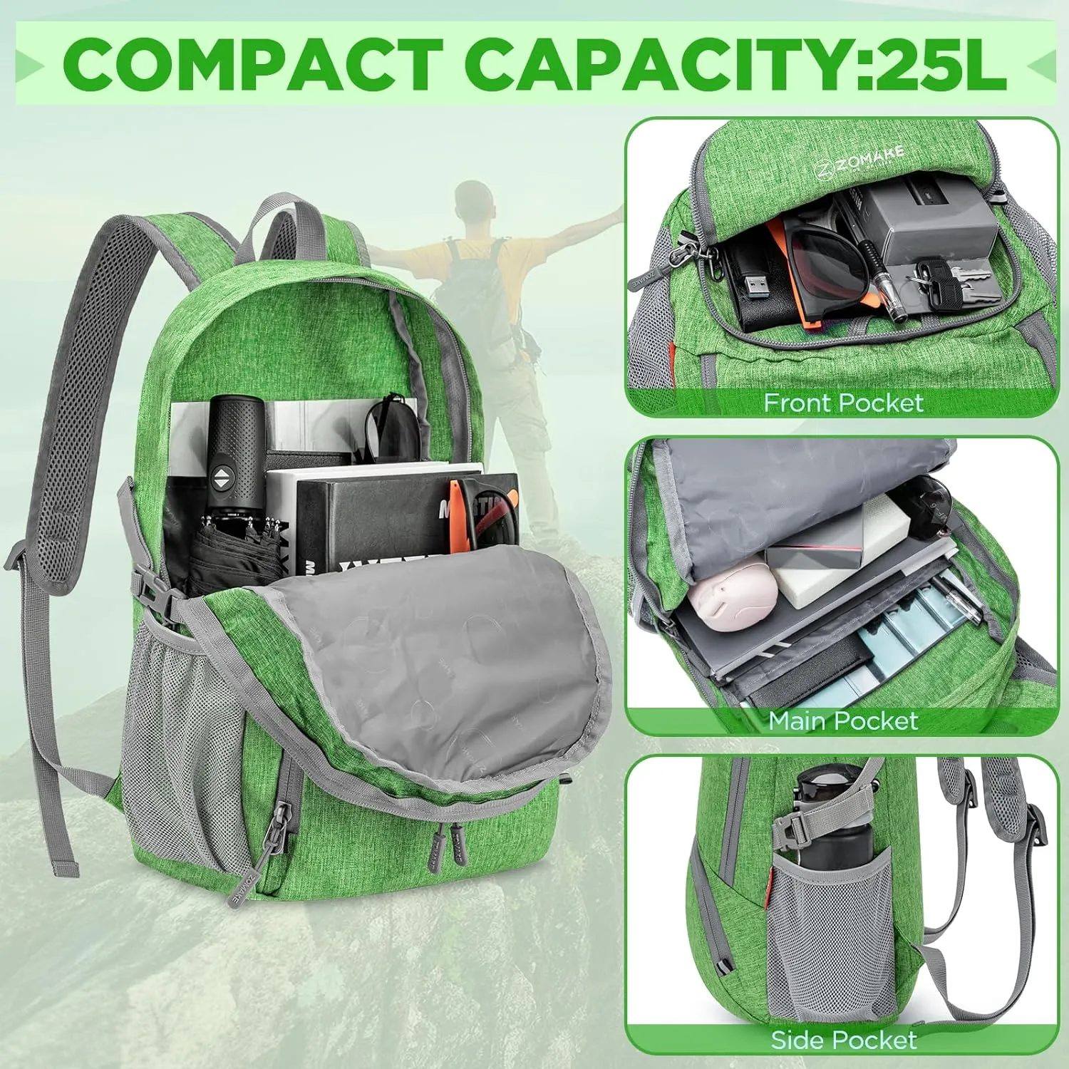 ZOMAKE 25L Packable Backpack for Women Men - Small Lightweight Hiking Daypack for Travel - Tear Resistant Foldable Day Pack